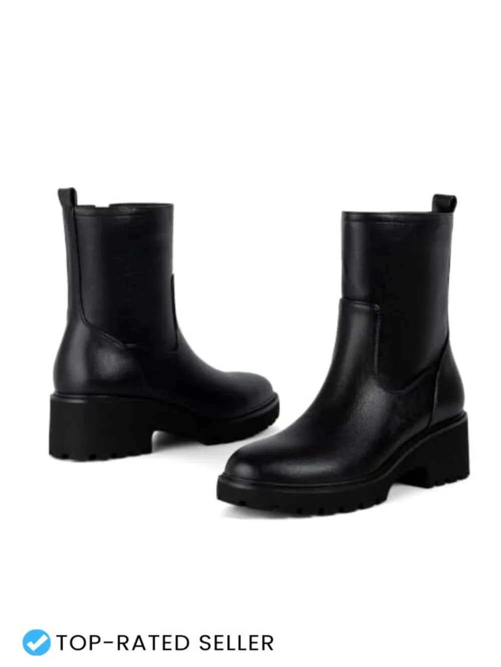 Faux Leather Round Toe Ankle Boots with Chunky Heel Lug Sole